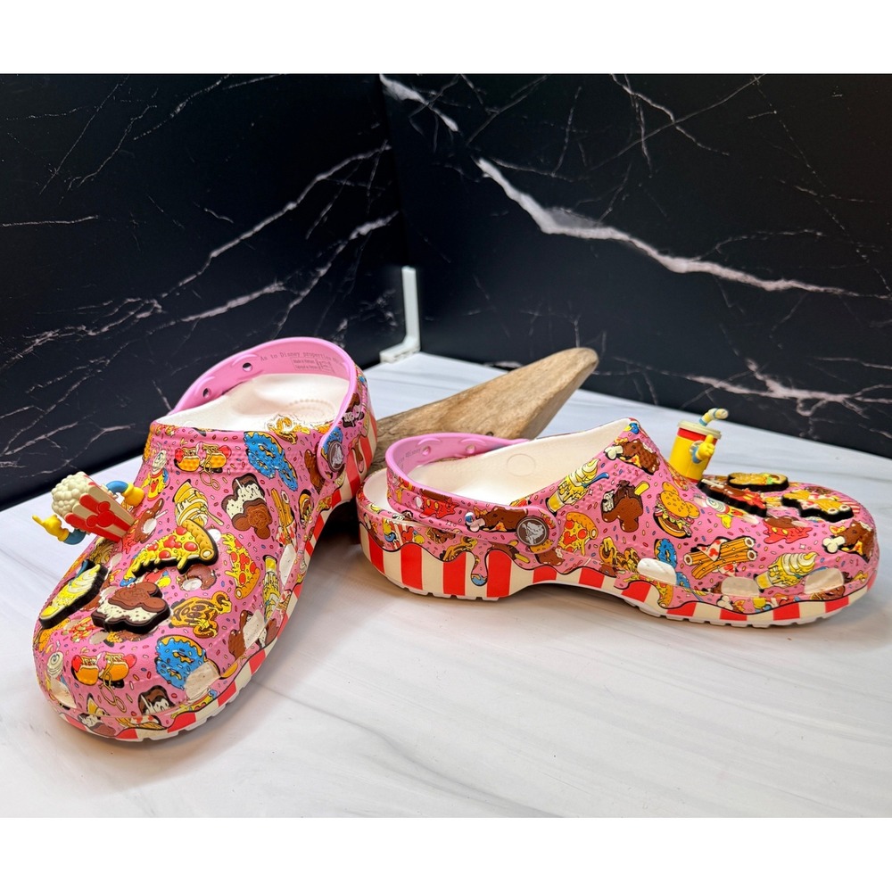 Disney Eats Crocs Pink Snack Print Clogs with Jibbitz Charms Mens 6 Womens 8